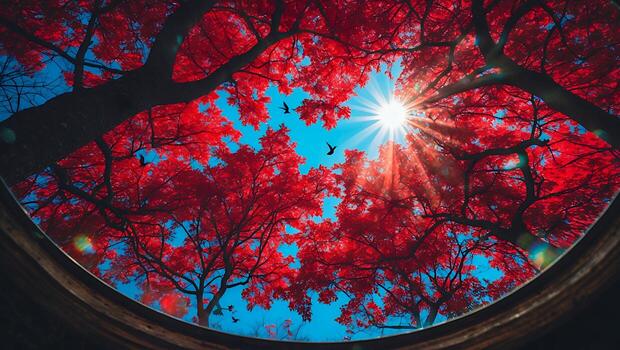 Looking Up at Red Leaves Through Frame with Sun Shining Brightly photo