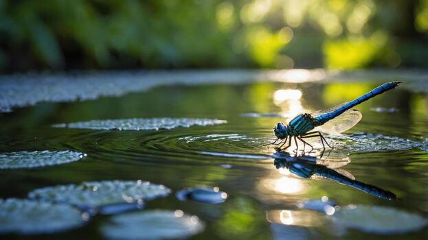 libélula encaramado en agua superficie, rodeado por lirio almohadillas, con luz de sol filtración mediante arboles foto