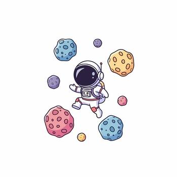Cute cartoon astronaut in a white spacesuit waving while floating among colorful asteroids. vector