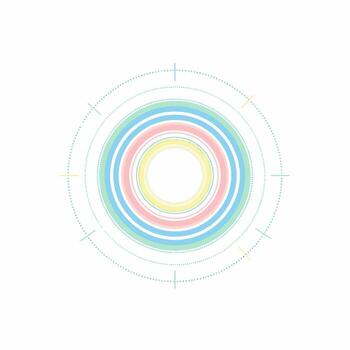 Abstract circular graphic with soft pastel rings, a luminous core, and faint technical lines. vector