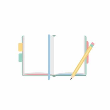 abierto cuaderno con pastel pestañas y lápiz, blanco paginas para escritura y planificación. vector