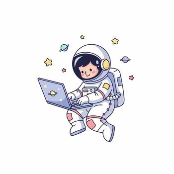 linda dibujos animados astronauta en un blanco traje espacial con amarillo auriculares, flotante mientras trabajando en un ordenador portátil. vector