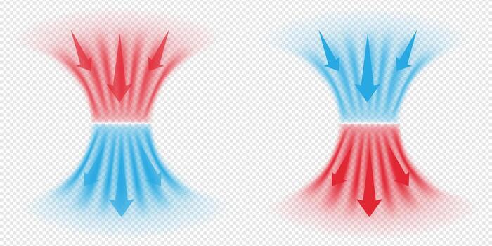 Set of cold and hot airflow streams with arrow on white background. Illustration for air conditioning and heating systems. vector