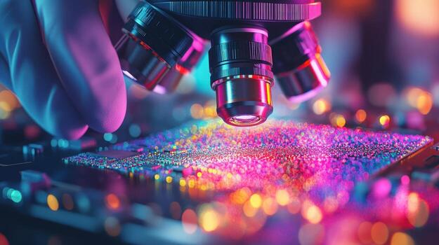 Closeup view of a scientist using a microscope on a colorful microchip photo
