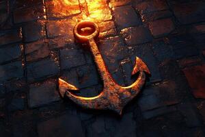 Rusty anchor on cobblestones photo