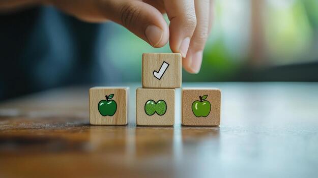 Wooden blocks with apple icons and a check mark, signifying progress or selection photo
