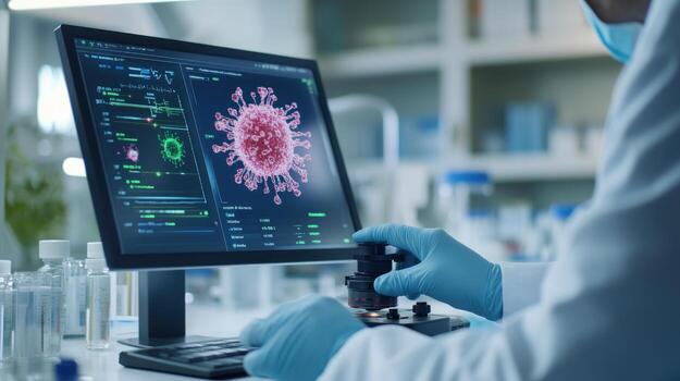Scientist analyzing a virus on a computer screen in a lab photo
