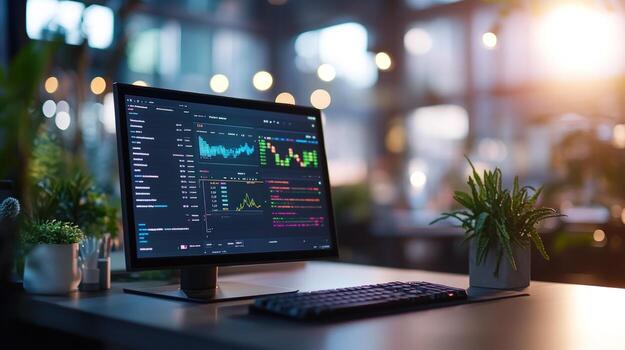 Modern workspace with computer monitor displaying financial data photo