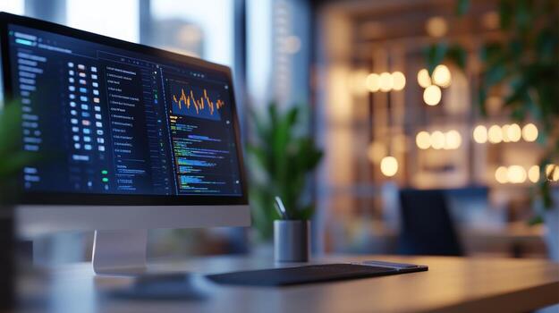 Modern workspace with computer displaying data photo