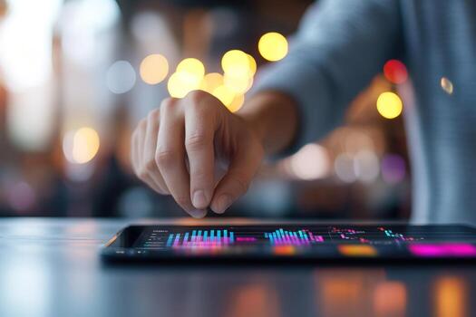 Person interacting with a tablet displaying data visualizations photo