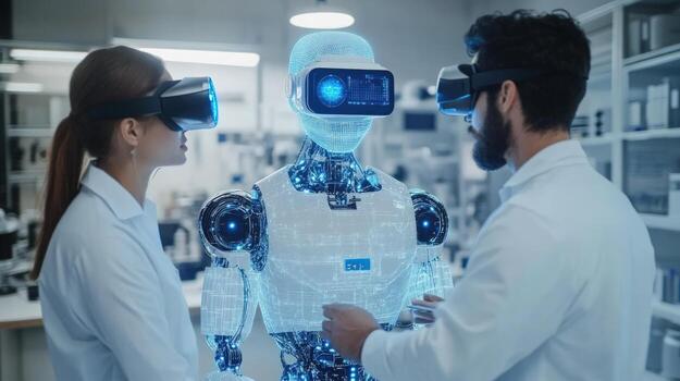 Scientists interacting with advanced robot in VR lab photo