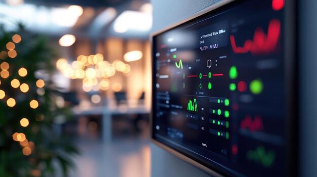 Modern interactive display showing data graphs and indicators in a stylish office environment photo