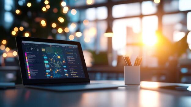 Laptop displaying data visualizations in a modern workspace photo