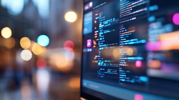 Computer screen displaying code in a city setting photo