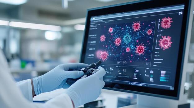 Scientist examines virus data on computer screen in a lab photo