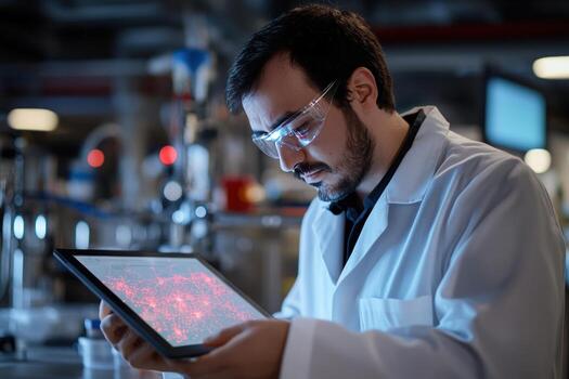 Scientist analyzing data on a tablet in a lab photo