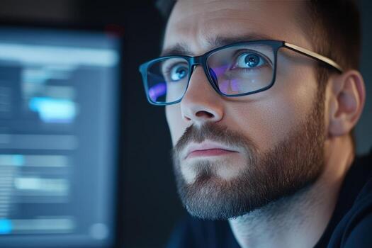 enfocado programador miradas atentamente a computadora pantalla foto