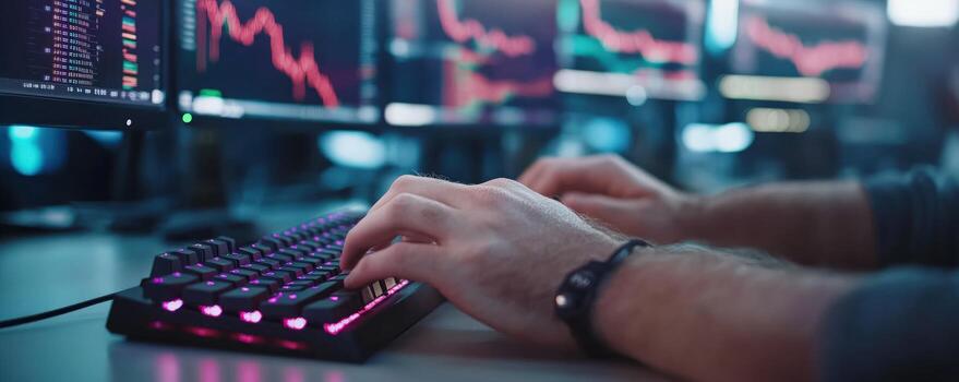 Focused hands typing on a keyboard in front of multiple computer screens displaying market data photo
