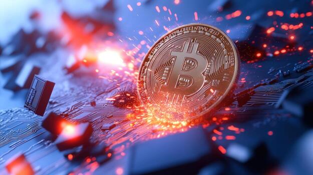 Bitcoin exploding on a circuit board photo