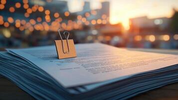 Documents stacked on a table at sunset photo
