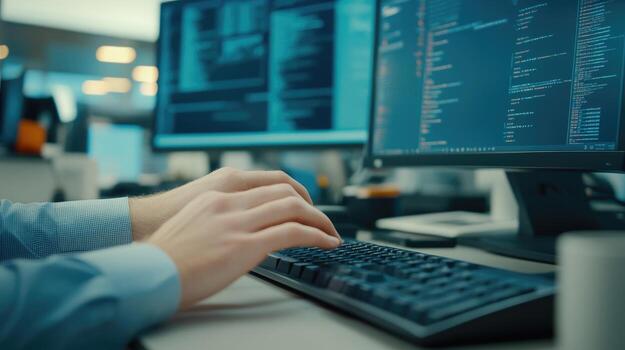 Closeup of hands typing on a computer keyboard in a modern office, with multiple computer monitors showing lines of code photo