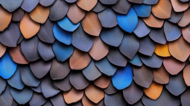 Scaly pattern of overlapping, multicolored tiles photo