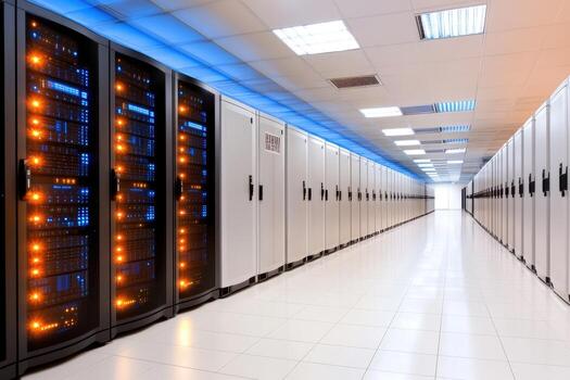 Data center corridor with server racks for network infrastructure and cloud computing photo