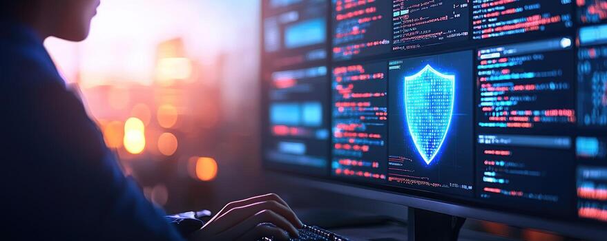 Cybersecurity professional working on computer displaying code and security shield photo