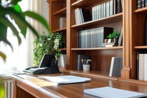 Office interior with wooden desk and bookshelf filled with books and greenery photo