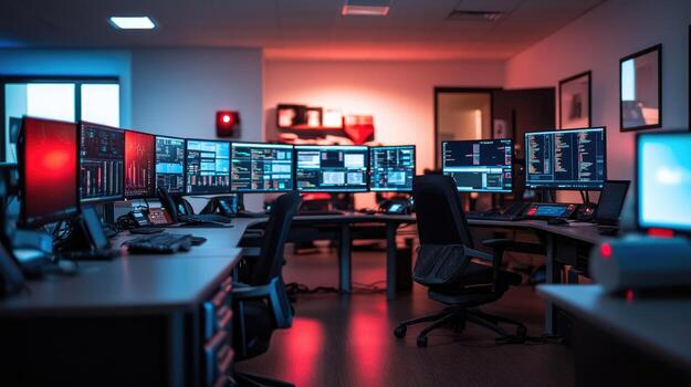 Workstation with multiple computer monitors displaying data in modern office photo