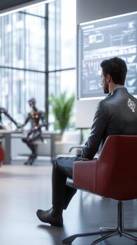 Man watching screen with data and robot in modern office technology and artificial intelligence photo