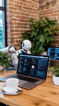 Artificial intelligence integration in modern workspace with robot and laptop photo