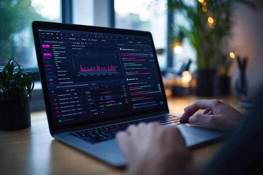 ordenador portátil mostrando código datos análisis en escritorio para negocio tecnología foto
