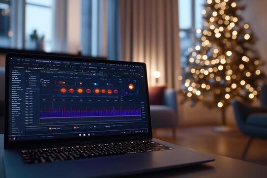 Laptop displaying data analytics interface with christmas tree in background photo