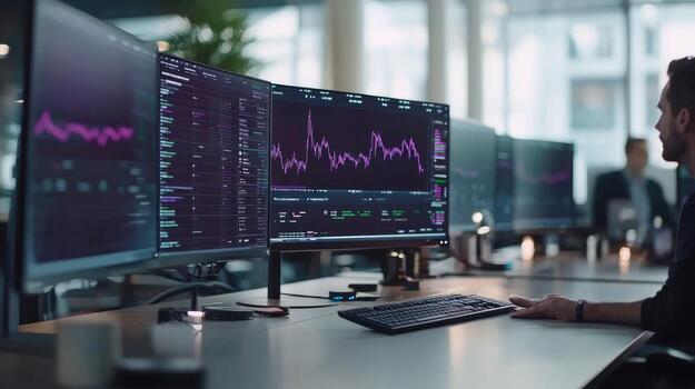 Data analysis on multiple computer monitors in modern office environment photo