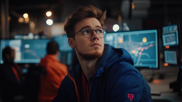 Man examines network data on multiple computer screens in control room photo