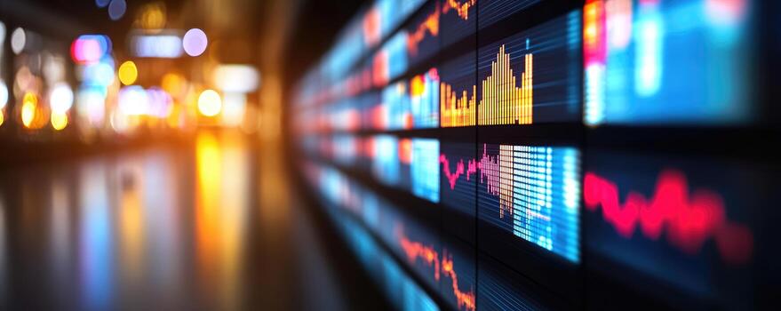 Financial data visualization series of computer screens displaying graphs and charts for business analysis and investment tracking photo