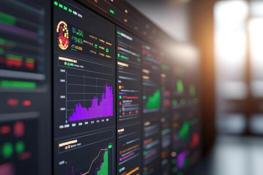 Data visualization on multiple screens for real time analytics stock market interface photo