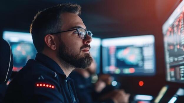 Focused man analyzing data on multiple computer screens technology and cybersecurity concept photo