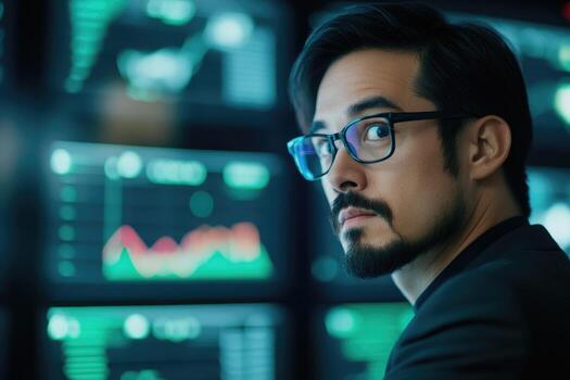 Person analyzing financial data charts and graphs on multiple computer screens photo
