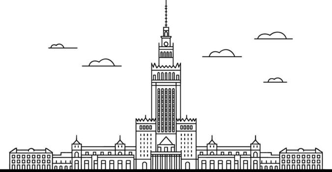 alto rascacielos con simétrico alas y estilizado nubes edificio arquitectura vector