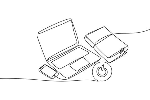 Continuous line drawing of laptop phone book and power button vector