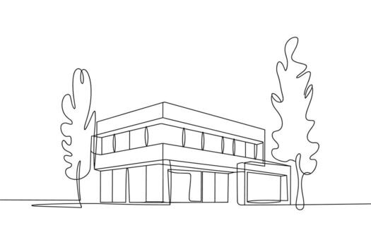 Modern building with trees in continuous line drawing vector