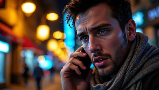 Young man with a serious expression talking on a smartphone in a city at night with blurred colorful lights photo