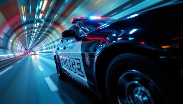 Police car speeding through a brightly lit tunnel with flashing emergency lights and motion blur photo