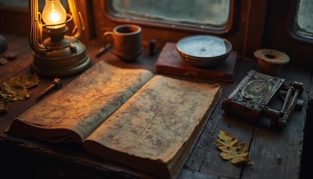 Still Life with Open Map Book and Navigation Instruments photo