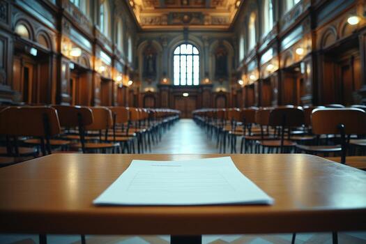 Exam Preparation in a Grand Hall A Single Sheet of Paper Awaits on a Desk, Rows of Empty Chairs Stretch into the Distance, Reflecting the Solemn Atmosphere of an Examination Hall photo