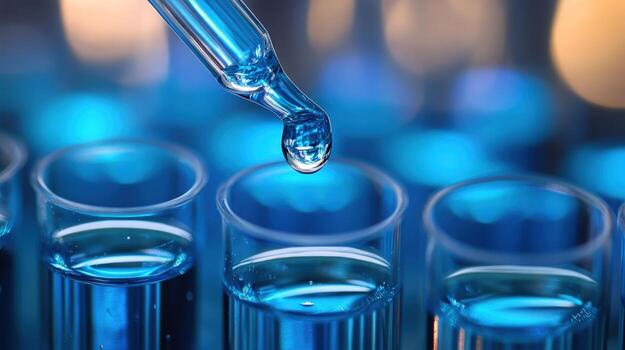 Precise Dropping A CloseUp View of a Pipette Dispensing Blue Liquid into Test Tubes in a Laboratory Setting photo