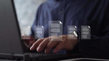 o negócio documento verificação processo com digital marca de verificação aprovação ícone, dados auditoria, Arquivo análise, conectados inspeção, qualidade ao controle, conformidade validação, procurar, e fluxo de trabalho eficiência sistema. video