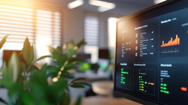Modern office workspace with a monitor displaying data dashboards and graphs photo